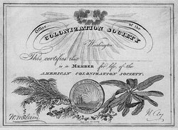Life membership certificate for joining the American Colonization Society