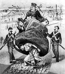 Cartoon of carpetbaggers heading South after the war 