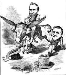 Political cartoon from the New York Daily Graphic, February 26, 1877, showing Hayes as the winner in the disputed 1876 election.