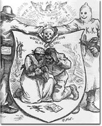 Harper’s Weekly cartoon by Thomas Nast showing the fate of African Americans in the South. 