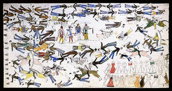Battle of Little Big Horn from the Indian perspective. By Kicking Bear (MatoWanartaka), c. 1898. Watercolor on muslim.