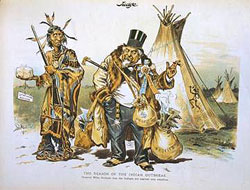 “The Reason of the Indian Outbreak,” 1890.Political cartoon that satirized the corruption of federal agents in charge of western Indian reservations. Officials pocketed most of the federal money meant for the Indians