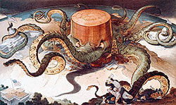 This 1904 cartoon depicts a huge and powerful Standard Oil with its tentacles in American industry and all areas of American government.