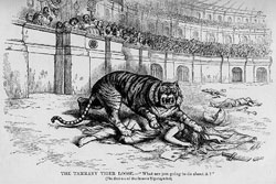This political cartoon by Thomas Nast depicts Tammany Hall as a tiger attacking democracy.