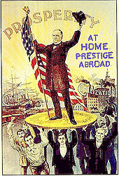 McKinley campaign poster. McKinley stands atop a gold coin, representing the gold standard
