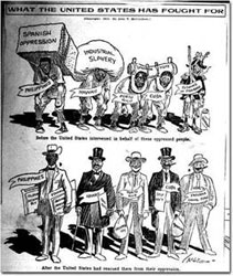 newspaper cartoon illustrating the “backward peoples” that the United States would civilize. 