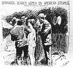 In an example of yellow journalism in Hearst’s New York Journal, a drawing by Remington depicts male Spanish officials strip searching a female American tourist in Cuba in search of messages from rebels.