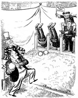 Political cartoon showing FDR knocking down the tradition of refraining from running for a third term.
